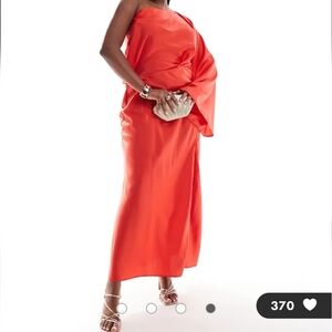 ASOS DESIGN Curve Satin Off The Shoulder Asymmetric Maxi Dress in Red Size 12